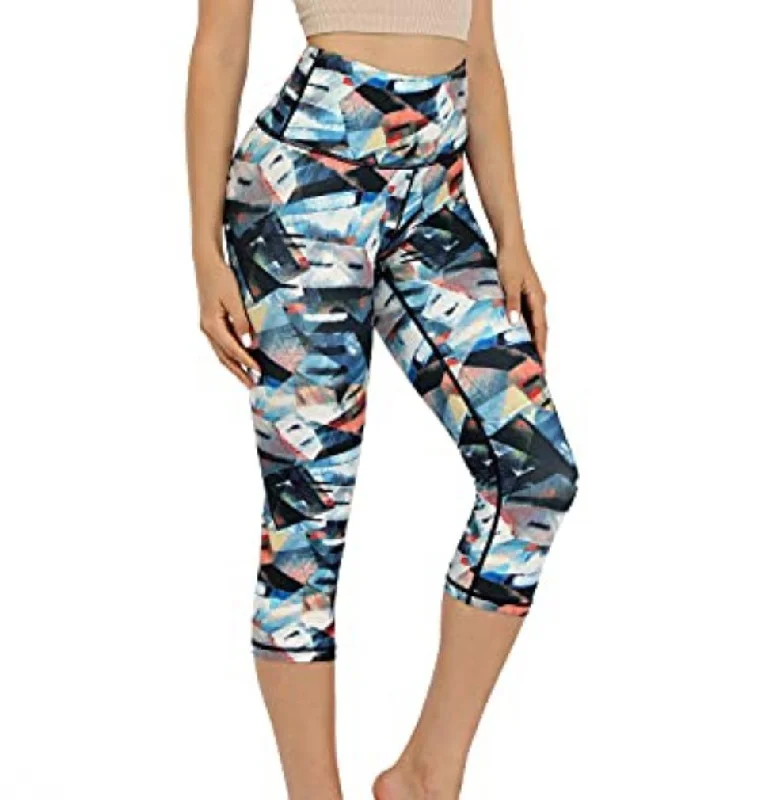 ODODOS Women's Mid Waist Printed Yoga Capris, Tummy Control Yoga Leggings, Non See-Through 4 Way Stretch Workout Running Capris, FineArt, Large Chic Floral Print Leggings