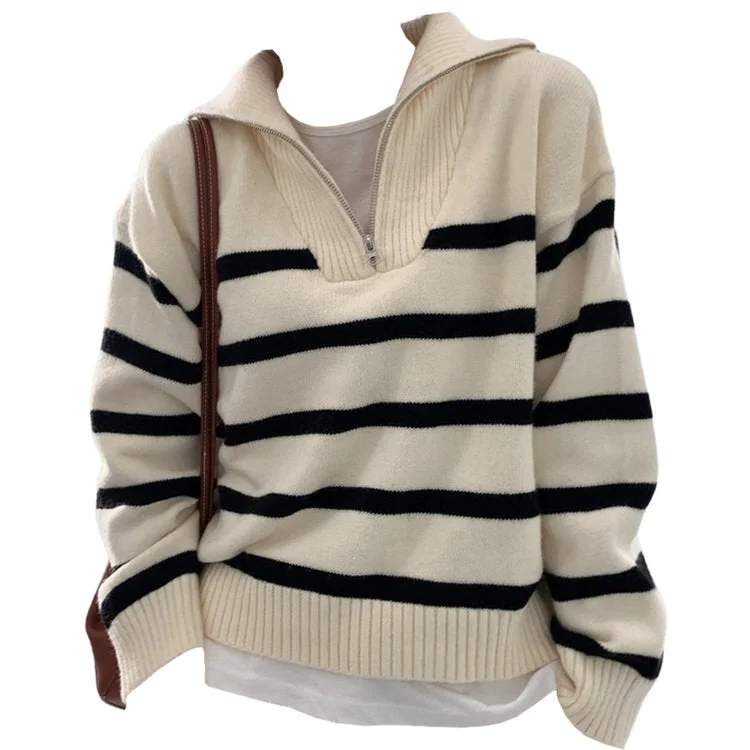 Old Money Zip Up Striped Sweater Lace Blend Ribbed Blend Corduroy Blend