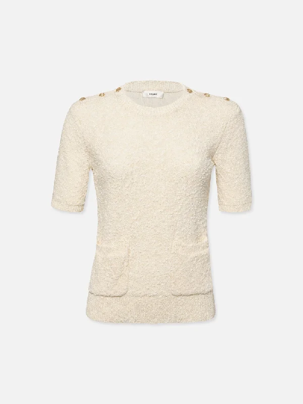 Patch Pocket Short Sleeve Sweater -- Cream Stretchy Elastic Breathable