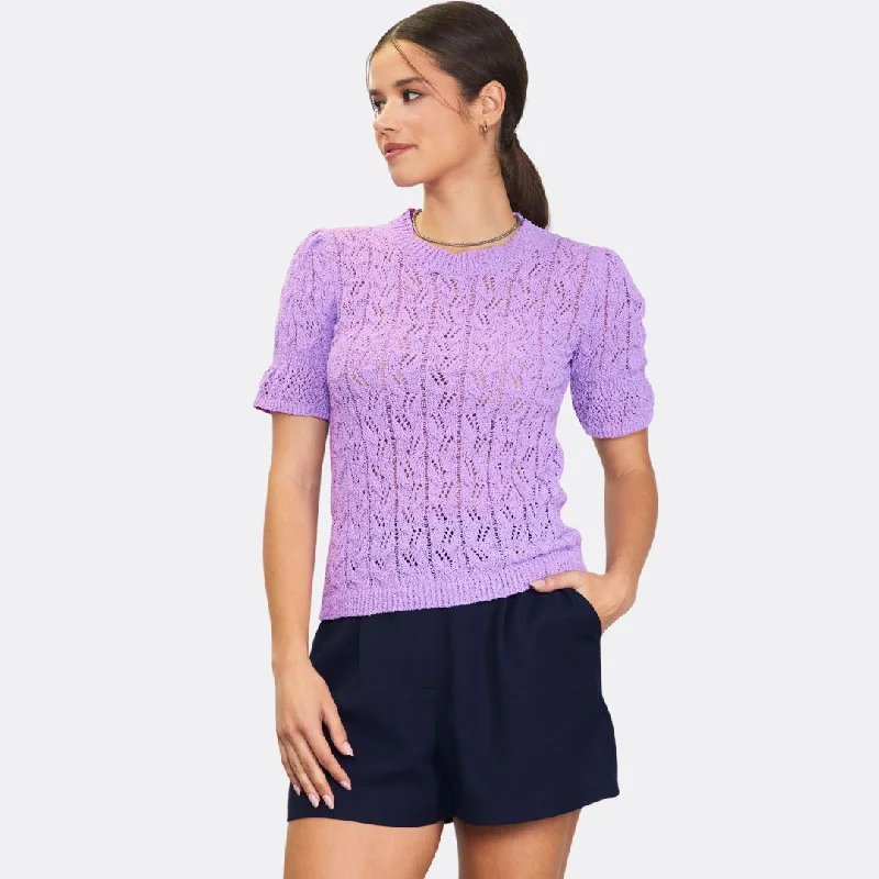 Pointelle Short Sleeve Sweater (Lavender) Transparent Opaque Sheer