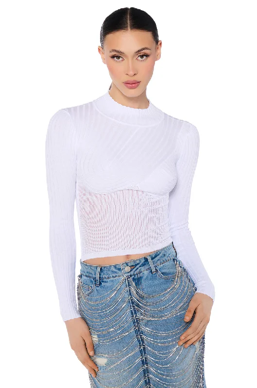 PRIME TIME LONG SLEEVE MOCK NECK SWEATER IN WHITE Front Pockets Side Pockets Patch Pockets