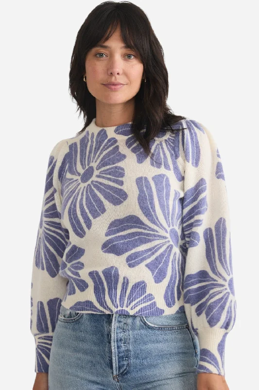 Marine Layer Print Alma Puff Sleeve Sweater in Royal Blue Floral Mesh Sweater Canvas Denim