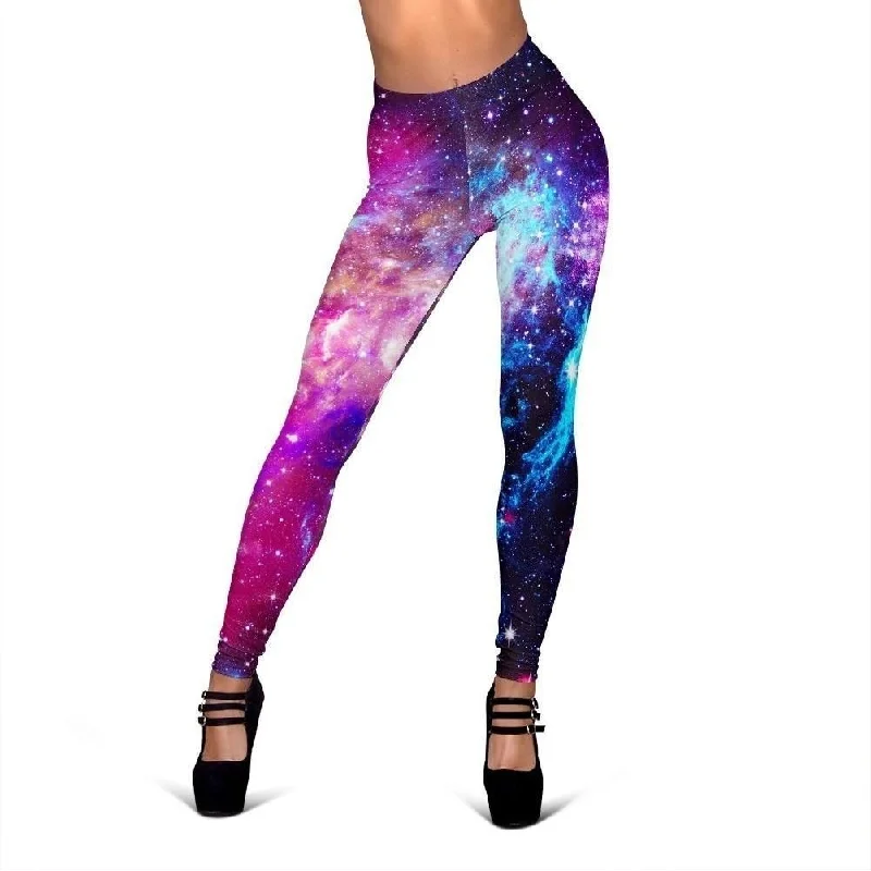 Purple Galaxy Space Blue Stardust Print Women's Leggings Trendy Colorblock Print Leggings