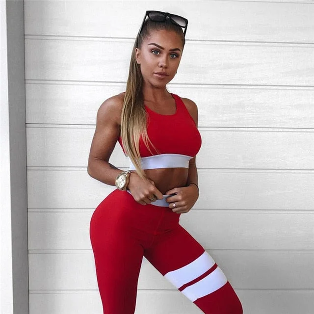 Red/Black Striped Bra & Leggings Set Elegant Stretchy Faux Leather Leggings