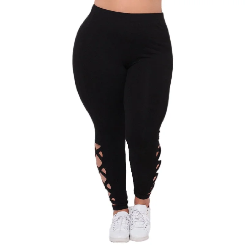 Solid Criss Cross Hollow Out Plus Size Leggings Fashionable Sports Compression Leggings