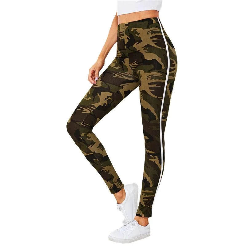 Camo Print Striped Leggings Fashionable Solid Color Tights