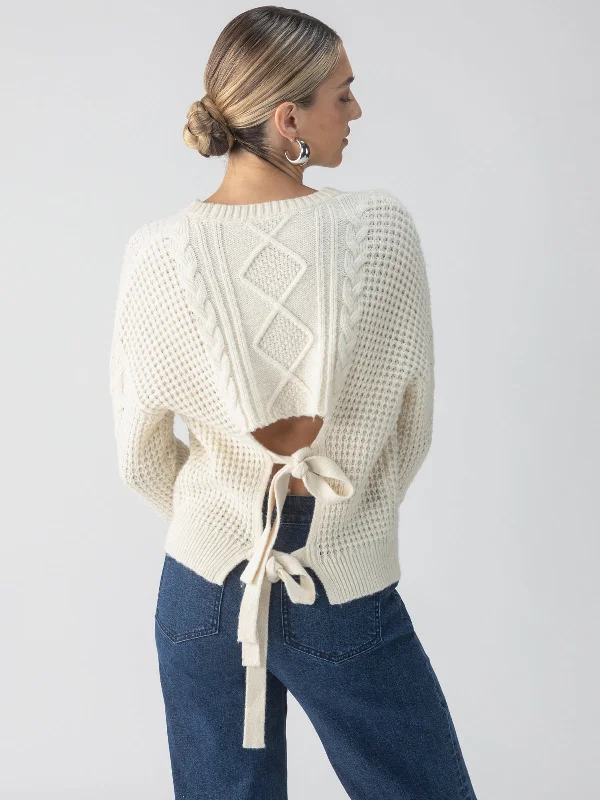 Tie Back Cable Sweater Frosted Almond Turtle Neck Boat Neck Asymmetrical Neck