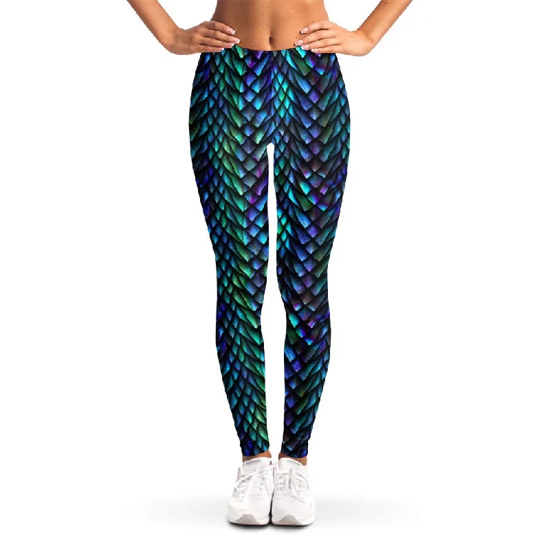 Turquoise Dragon Scales Pattern Print Women's Leggings Elegant Velvet Leggings