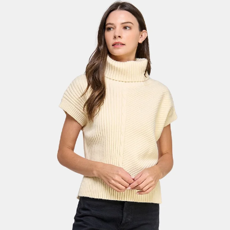 Turtleneck Sweater Vest (Cream) Silk Blend Satin Velvet