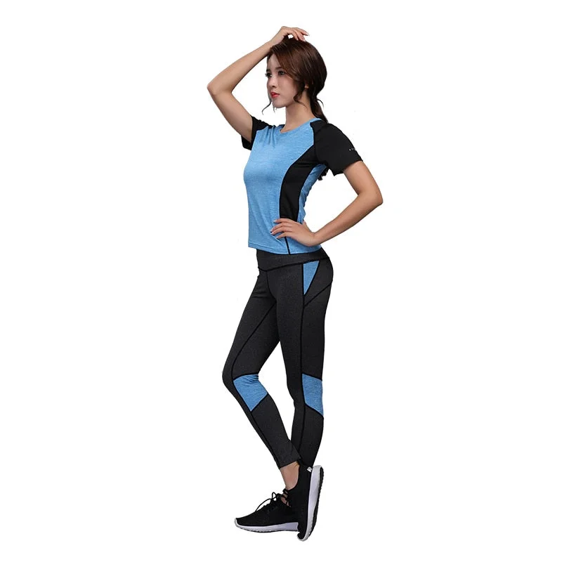 Women Yoga Set Gym Fitness Clothes Tennis Shirt+Pants Running Tights Jogging Workout Yoga Leggings Sport Suit Gym Clothing Fashionable Quick-Dry Yoga Pants