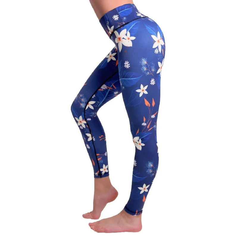 Women's Compression Leggings - Blue Flowers Fashionable Lacy Detail Leggings