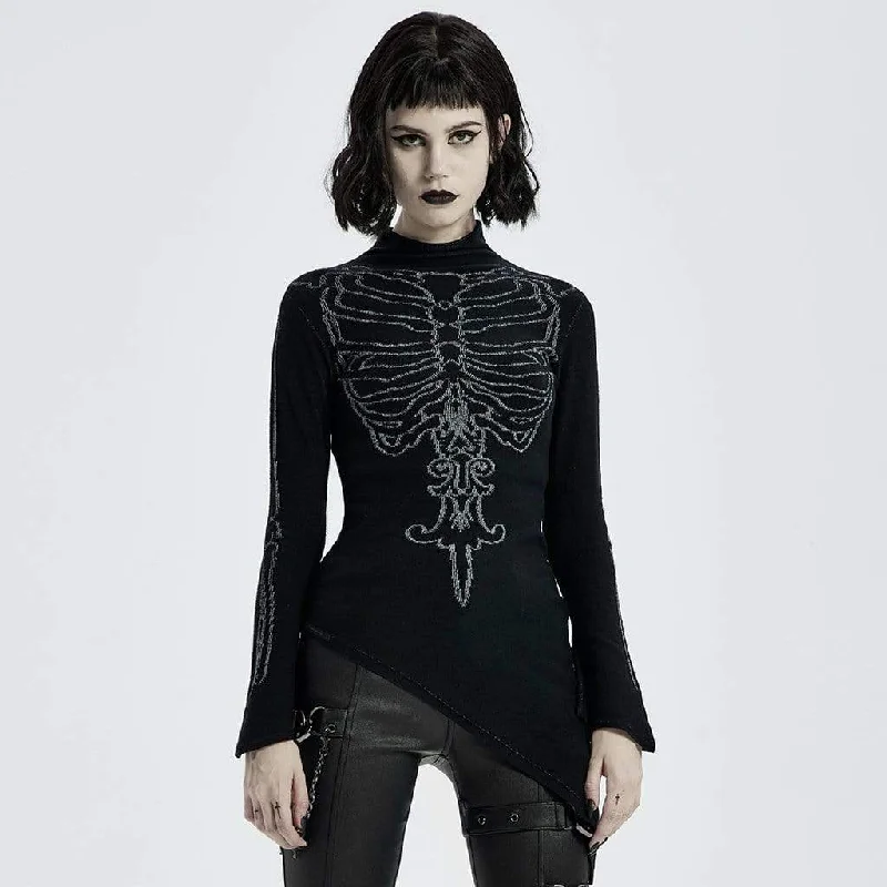 Women's Gothic Skull Black Asymmetric Sweater Halloween Costume Bright Pastel Dark