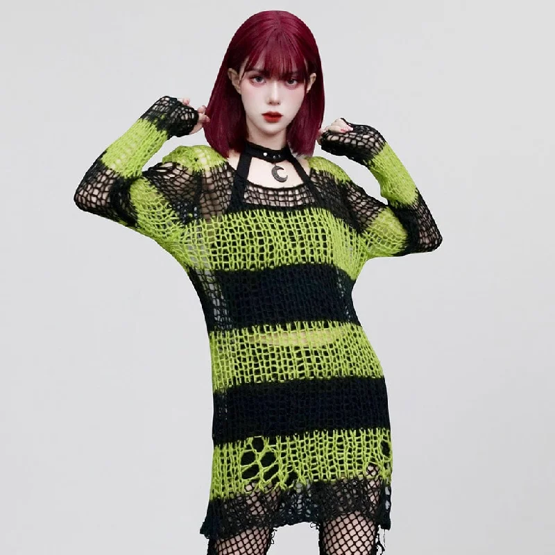 Women's Grunge Ripped Stripes Sweater Handmade Hand-knitted Hand-woven