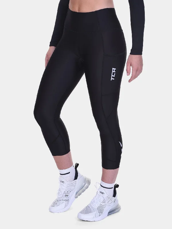 Padded Capri Cycling Leggings For Women With Reflective Strips & Side Pocket Comfortable Sports Performance Tights