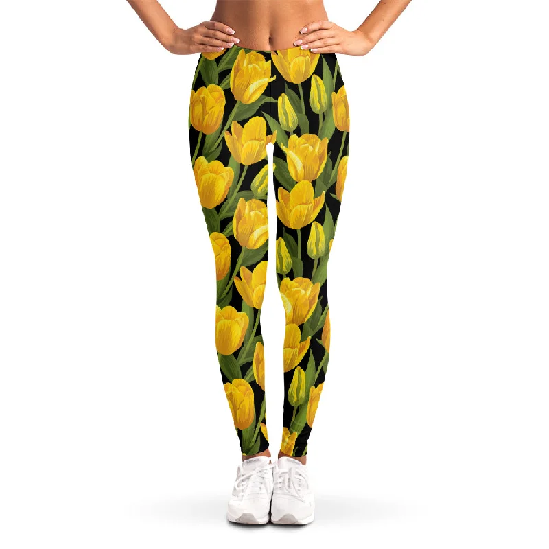 Yellow Tulip Pattern Print Women's Leggings Comfortable Leggings with Pockets