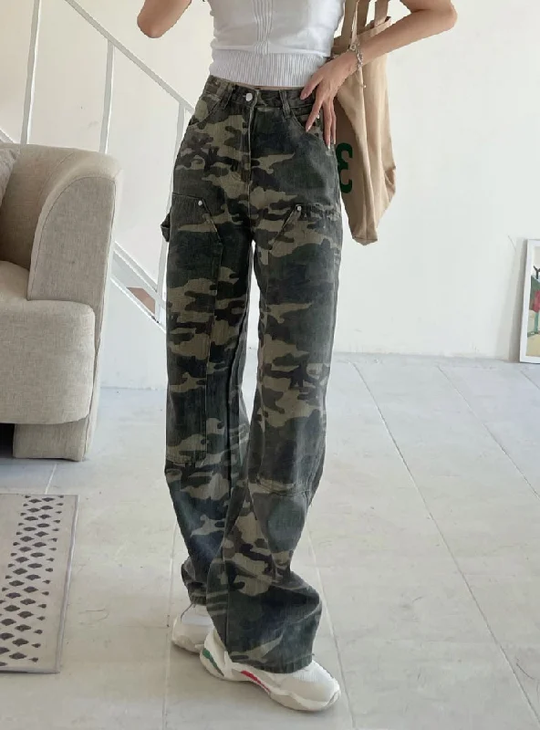 CAMOUFLAGE MULTI-POCKET STITCHING JEANS Elegant Wide-Leg Jeans