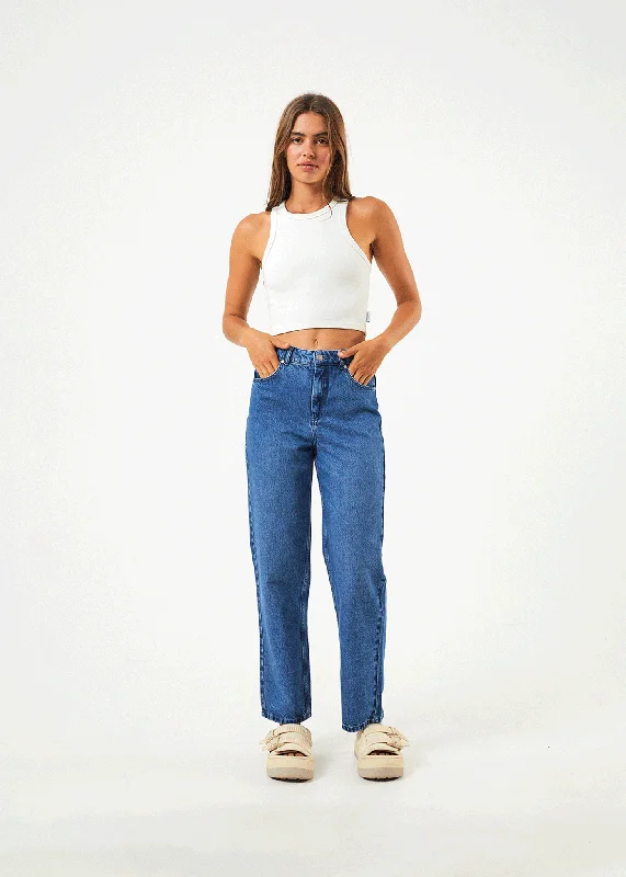 AFENDS Womens Shelby - Denim Wide Leg Jeans Long - Authentic Blue Trendy Button-Up High-Waist Jeans