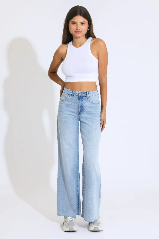 Ashley Super High Rise A-line Baggy Jeans - Light Medium Blue Trendy Wide-Leg High-Waist Denim