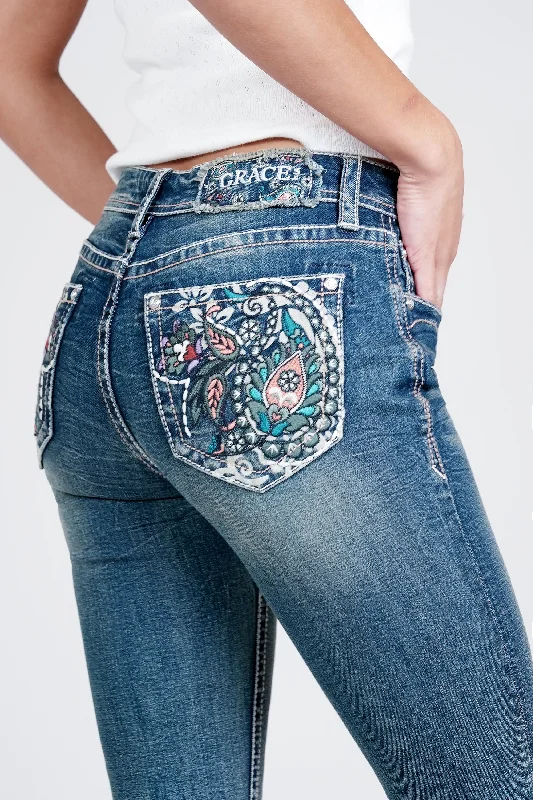 Floral Embroidered Hem Details Mid Rise Skinny Jeans Fashionable Slouchy Fit Jeans