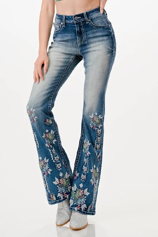 Floral Embroidered High Waist Flare Jeans Fashionable Frayed Hem Denim