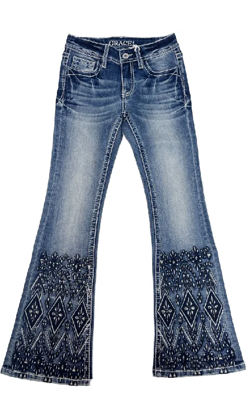 Aztec Embroidery on Hem Boho Girls Flare Jeans Fashionable Raw Hem Bootcut Jeans