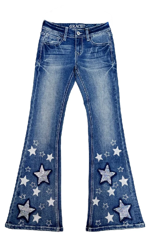 Stars/Sequins Embroidery on Hem Boho Girls Flare Jeans Stylish Relaxed Fit Skinny Jeans