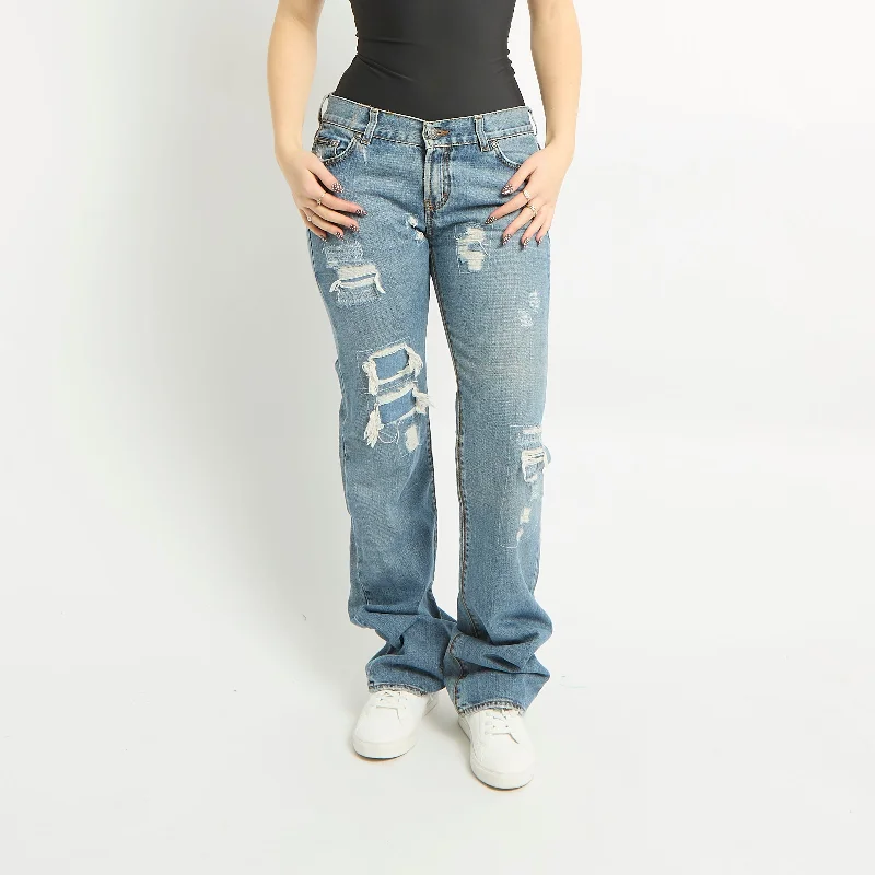 Calvin Klein Patchwork Distressed Jeans - UK 14 Comfortable Low-Rise Jeans