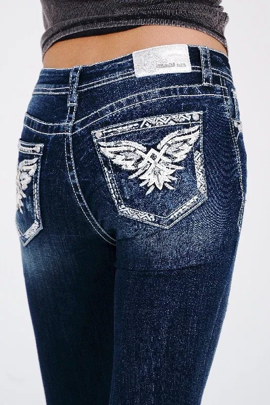 Wing Embroidery Mid Rise  Bootcut Jeans Comfortable Drawstring Waist Jeans