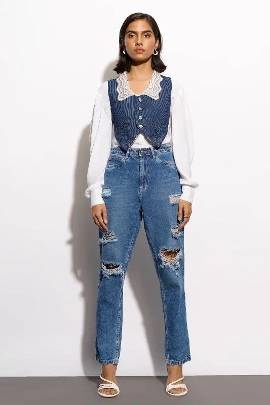 Washed Out Distressed Mom Jeans Fashionable Raw Hem Bootcut Jeans