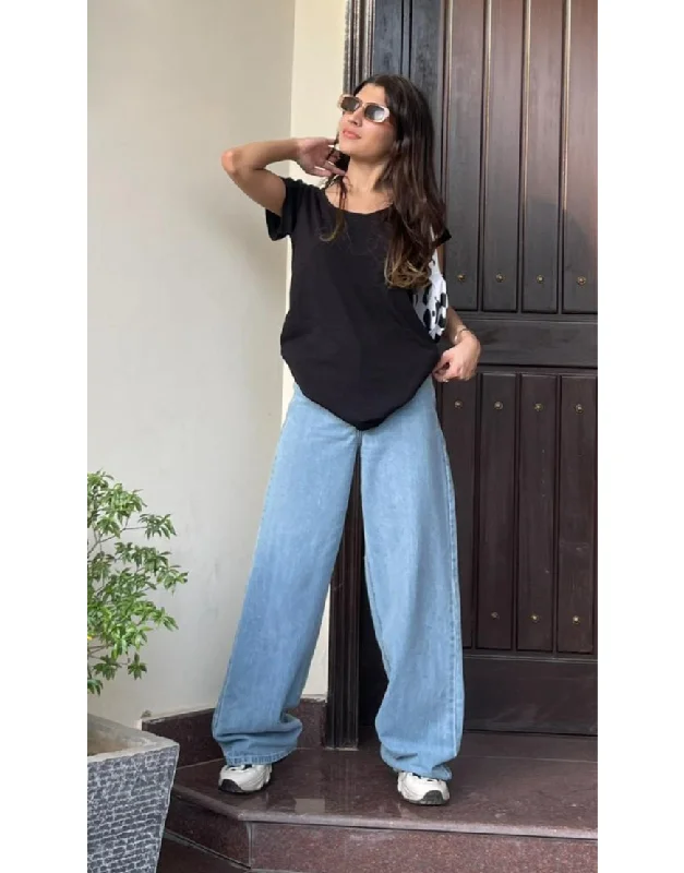 High Rise Wide Leg Jeans Medium Wash Trendy Patchwork Denim Jeans