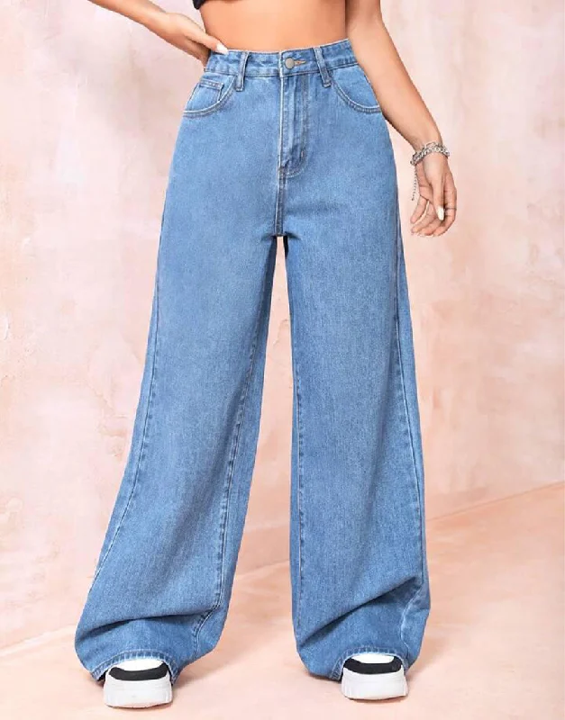 High Rise Wide Leg Jeans Mid Blue Trendy Pleated Waist Jeans