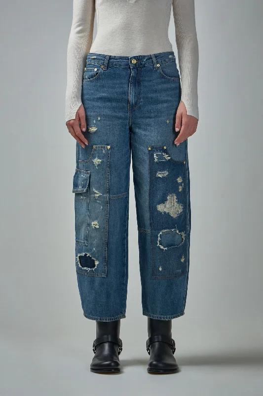 Heavy Washed Denim Carpenter Jeans Elegant Wide-Leg Jeans