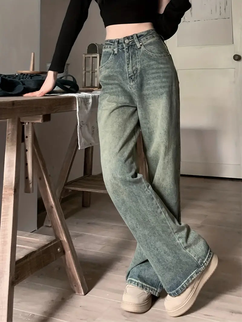 Loose Fit Non-Stretch Casual Wide Legs Pant Jeans Elegant Dark-Wash Bootcut Jeans