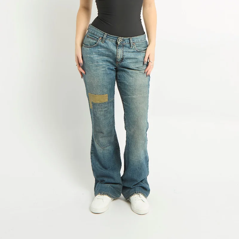 Patchwork Flare Leg Jeans - UK 12 Comfortable Faded High-Rise Jeans