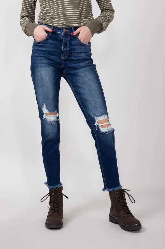 Risen Dark Wash High Rise Distressed Skinny Jeans for Women | RDP5899-DK Cozy Wide-Legged Jeans