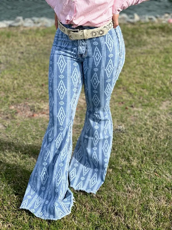 ROCK&ROLL Light Blue Aztec Flare Jeans Chic Cropped Jeans