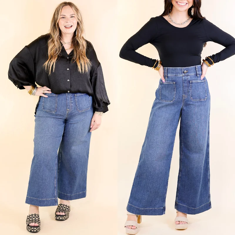 SPANX | EveryWear Cropped Wide Leg Denim Jeans with Patch Pockets Trendy Acid Wash Skinny Jeans