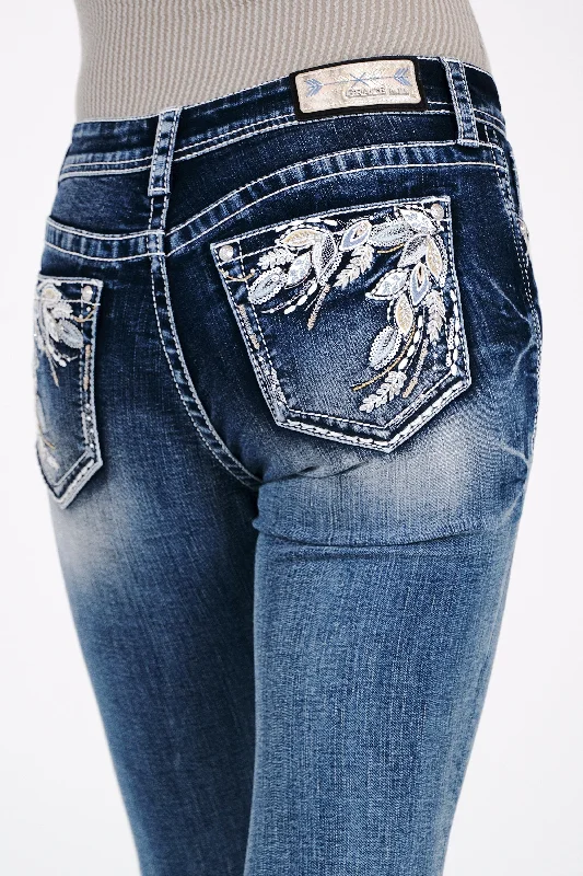 Western Modify Embroidery Mid Rise  Bootcut Jeans Classic Button Fly Jeans