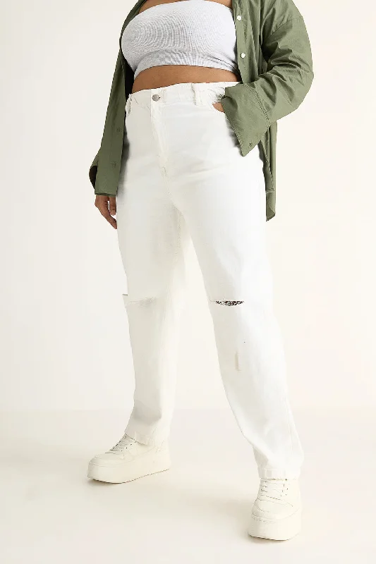 Pearl White Torn Knee Mom Jeans Casual High-Waisted Bootcut Jeans