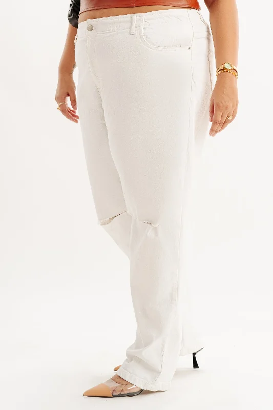 White Knee Slit Mom Jeans Comfortable Zip-Fly Denim Jeans