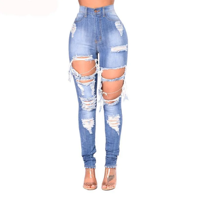 Light Blue Destroyed Skinny Jeans Comfortable Boyfriend Jeans