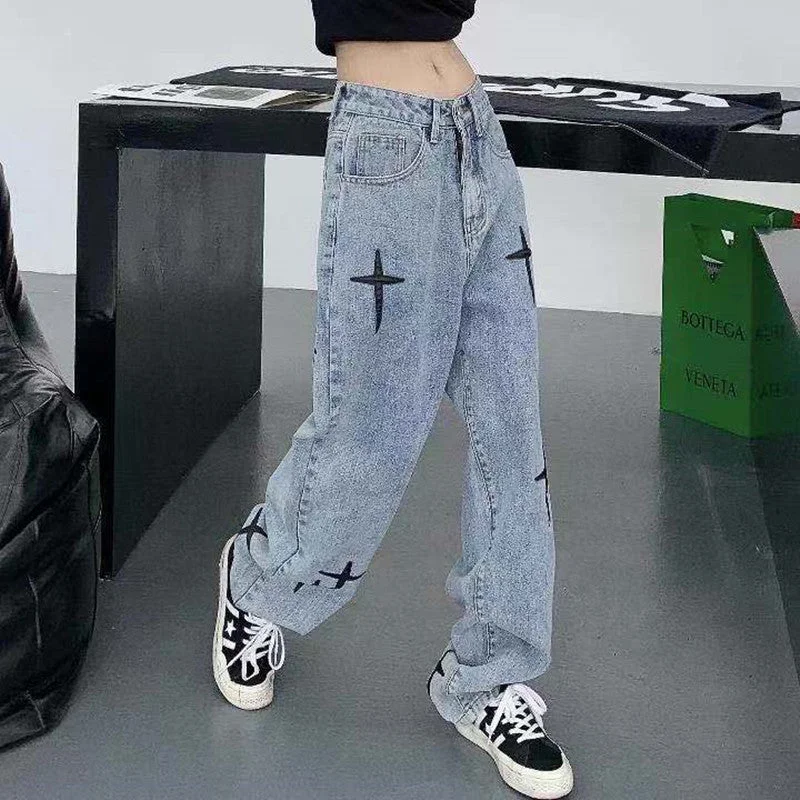 Women Cross Embroidery Jeans Casual Skinny Fit Jeans