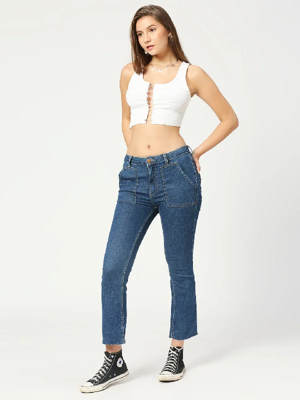 Women's Dark Blue Phoenix Cropped Jeans Comfortable Low-Rise Jeans