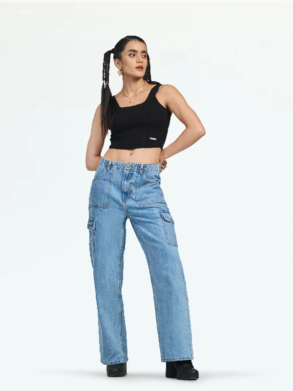 Women's Mid Blue Munich Cargo Jeans Casual High-Waisted Bootcut Jeans