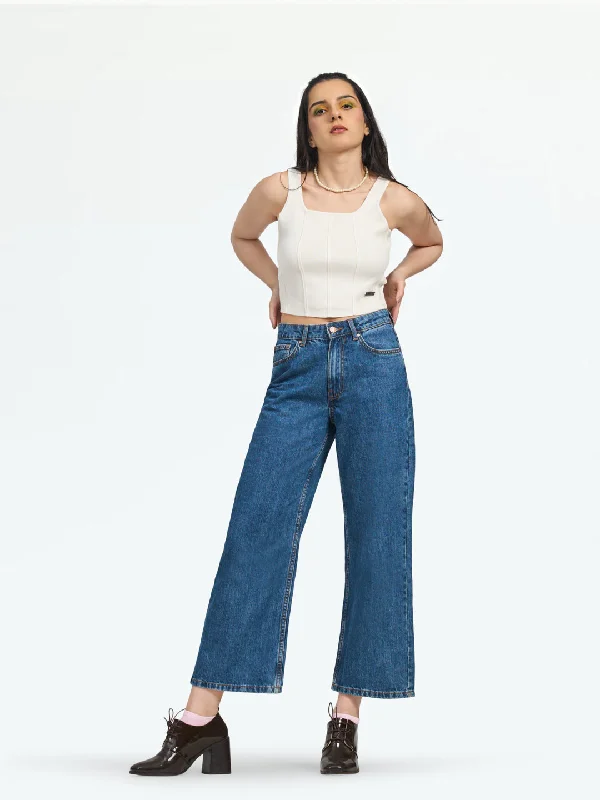 Women's Seattle Cropped Wide Leg Jeans Stylish Paperbag Waist Denim