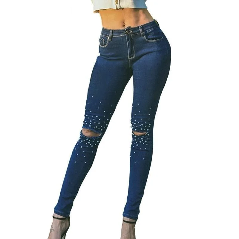 Women's Skinny Elastic Fashion Hole Beading Dark Blue Full Slim Pencil Jeans Casual Light Wash Jeans